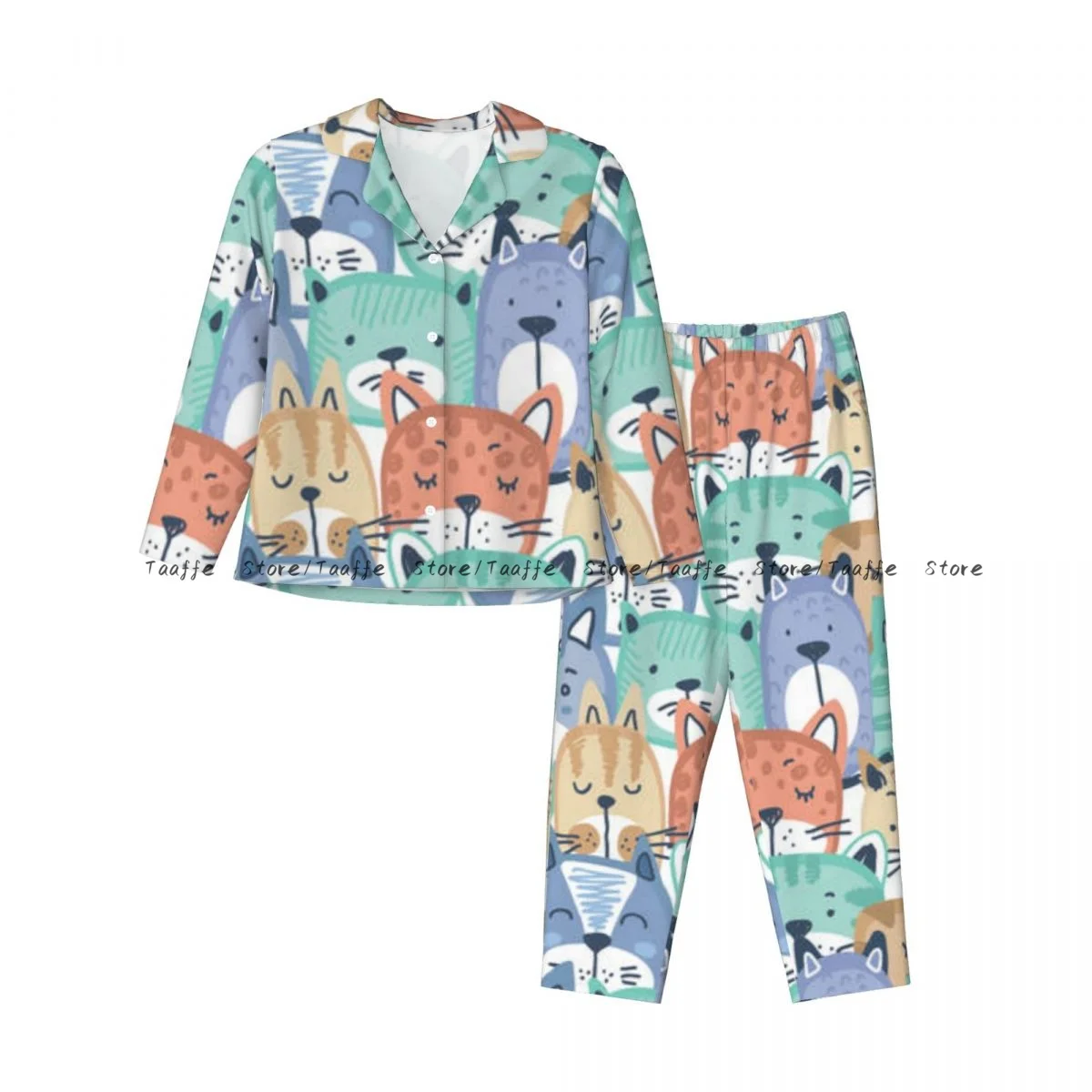 Spring and Autumn Long Sleeve Pants Pajamas Loungewear Set Hand Drawn Cat Faces Women's Pull Edge Loose Sleeping Suit