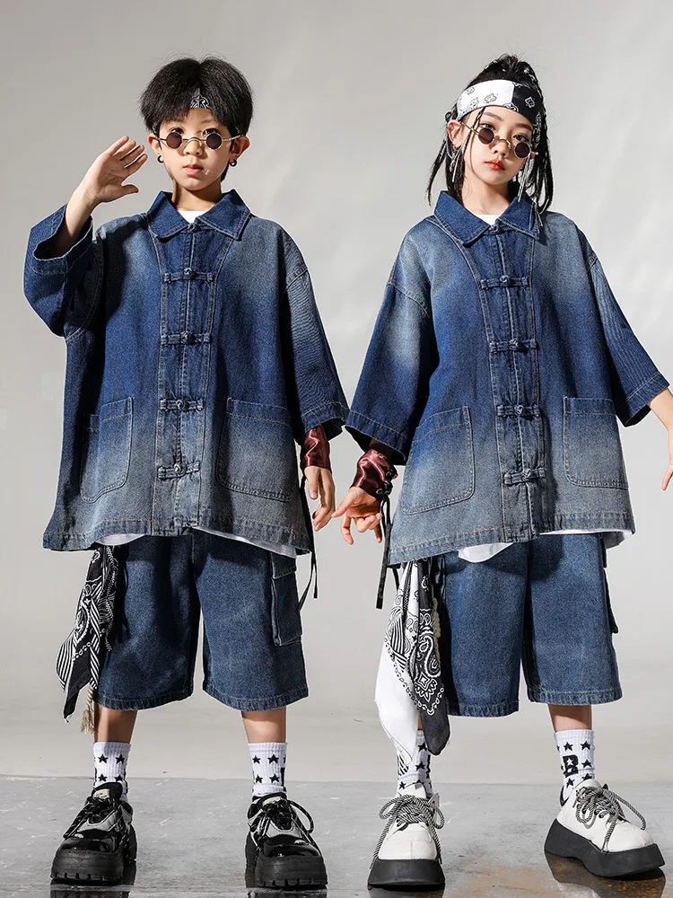 Kind Hip Hop Kleidung Set Jungen Street Dance Kostüm Mädchen Jazz Modern Dance Anzug Farbverlauf Blau Shirts Shorts Kpop Show