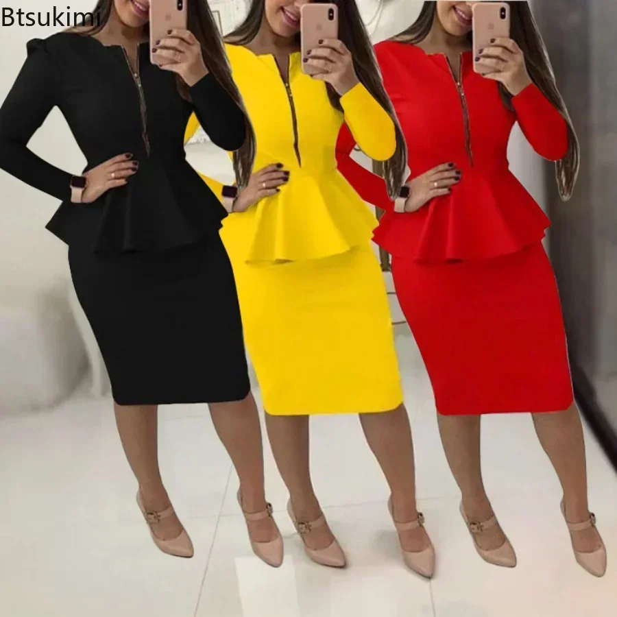 2024 Women\'s Formal Office Skirt Sets Solid Zipper V-neck Pencil Knee-Length Business OL Skrit Sets Female Two Pieces Dress Sets