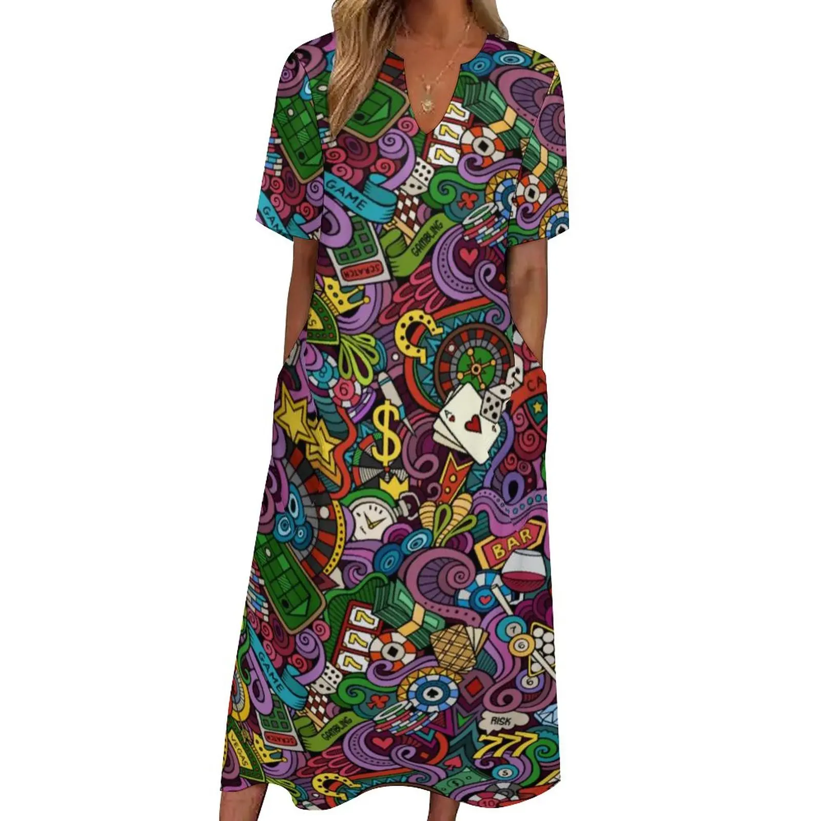 

Colorful Vacation Dress Summer Gambling Casino Pop Street Style Casual Long Dresses Pattern Night Club Maxi Dress Big Size