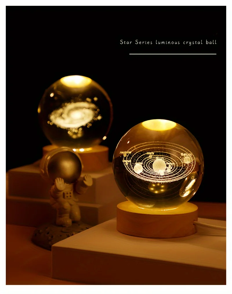 Luces nocturnas de bola de cristal que brillan, lámpara de mesa de Luna 3D, Planeta, Galaxia, astronauta, decoraciones de mesa de atmósfera, regalos