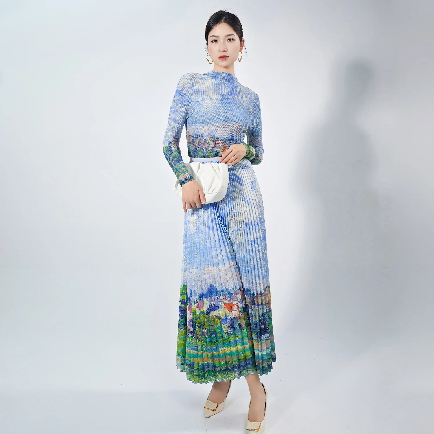 Pleated Unique Women Two Piece Set Casual Elegant Ankle Length Maxi Skirt and Top Printed Stretch Polyester Fabric Spring Summer