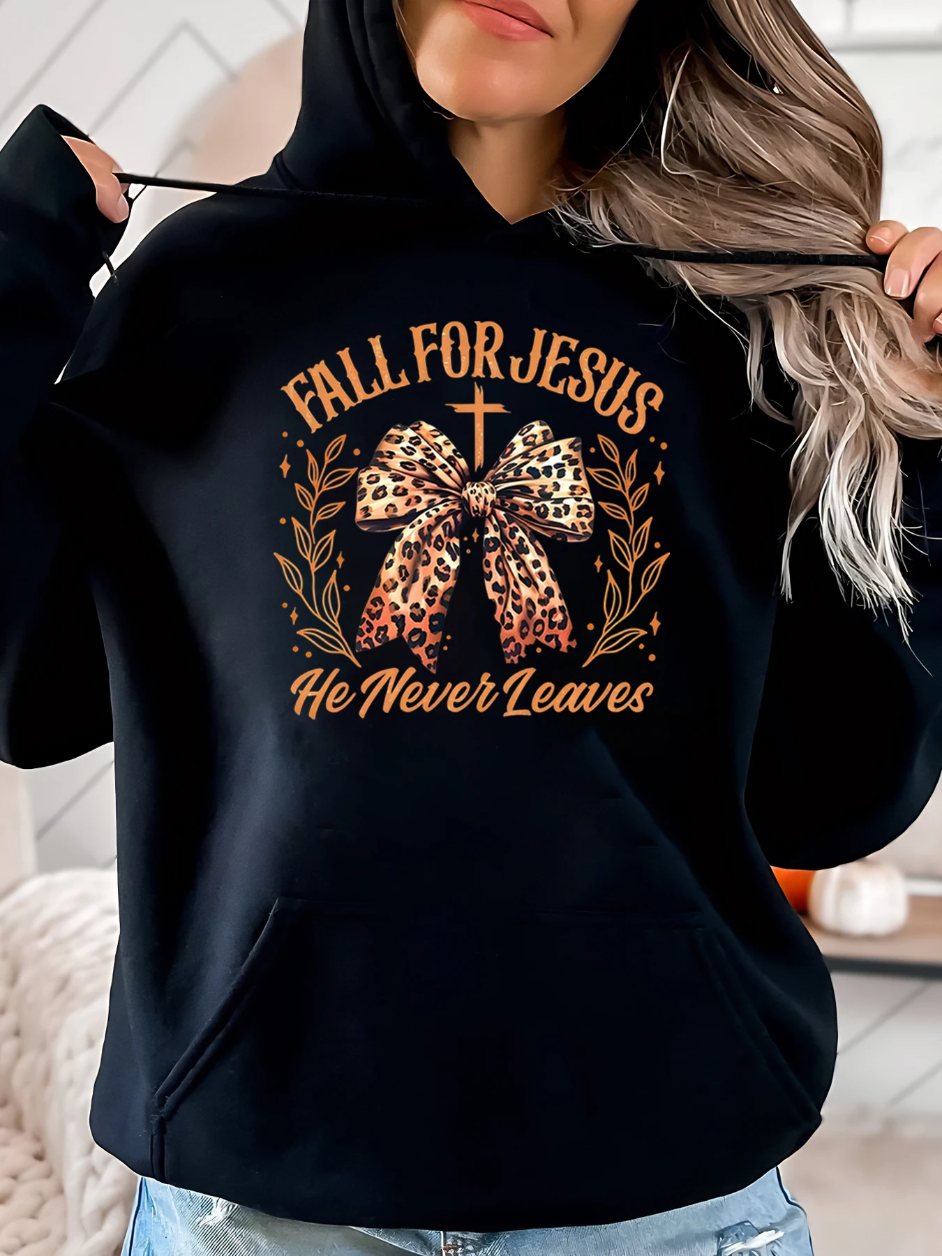 

Осень для Иисуса, он никогда не листья, толстовка с леопардовым бантом и крестообразным принтом, осенняя женская повседневная одежда, черный, больших размеров