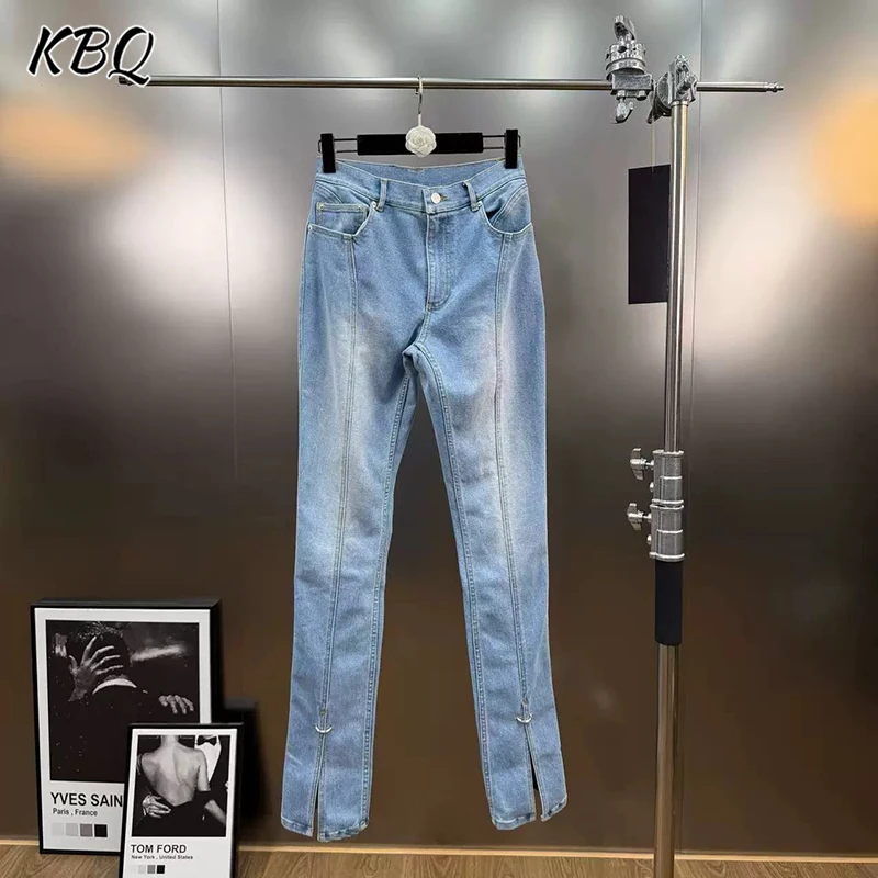 KBQ Lower Fork Iron Ring Installation Slimming Jeans for Women High Waist Temperament Patchwork Pockets Chic Pant Female Style