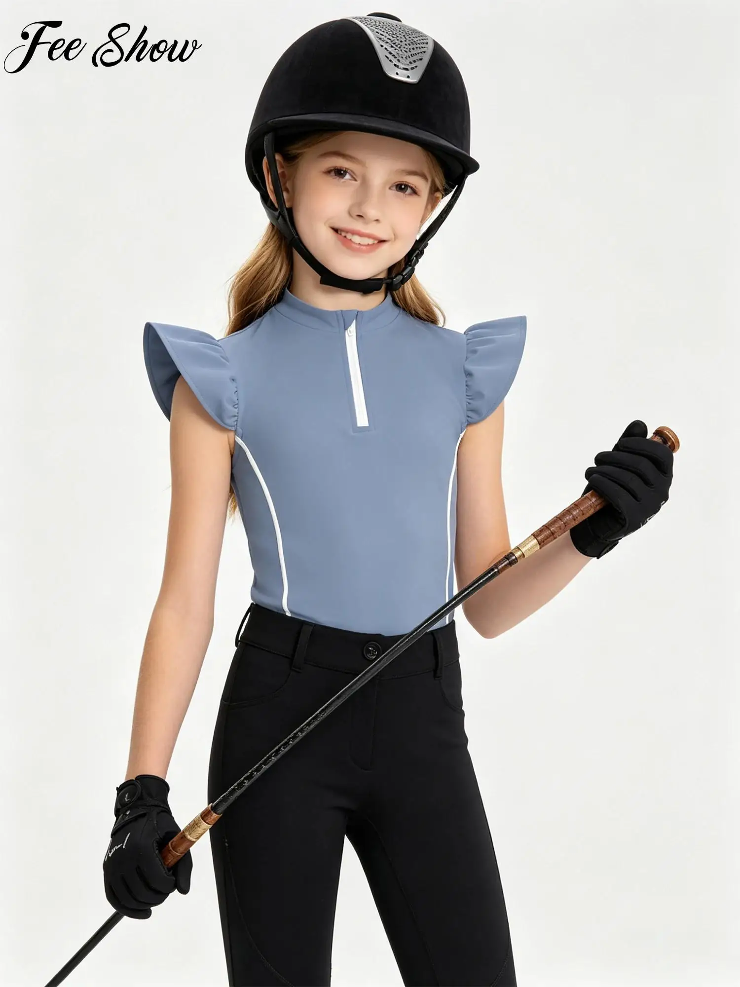 Kids Girls Horse Riding Shirt Ruffled Sleeves Equestrian Top Zip-up Stand Collar Contrasting Trim Quick Dry Sports Shirt