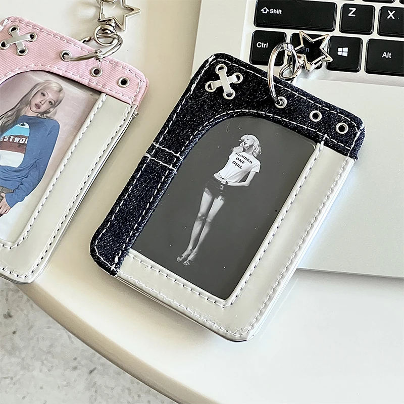 Denim Splicing Double Card Slot Kartenhalter 3-Zoll-Fotokartenhülle Kpop Small Card Display Card Cover