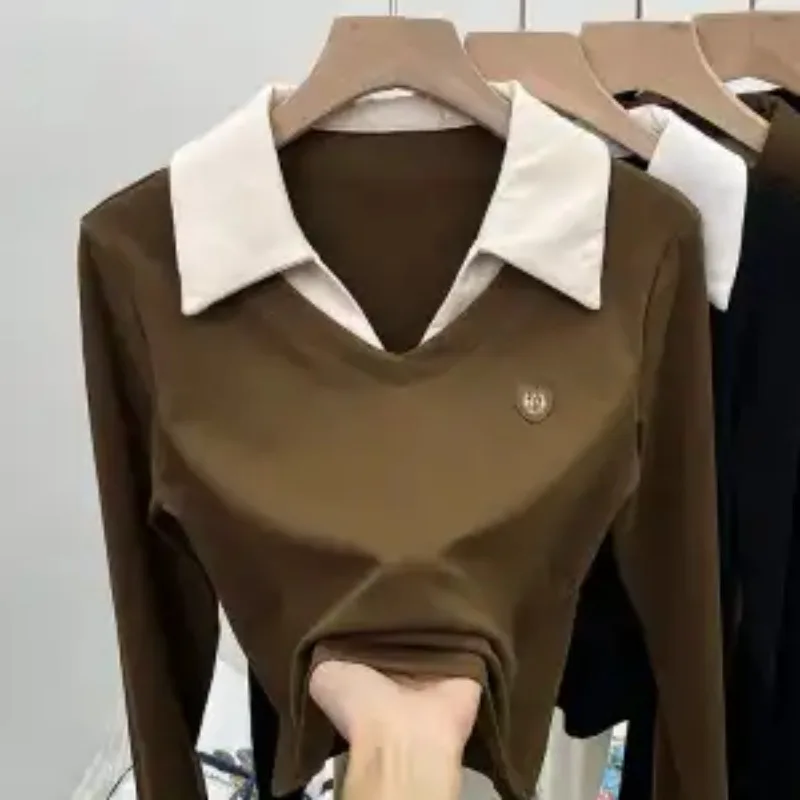 الغربية وهمية قطعتين بولو القمم الراقية قاع قمصان النساء طويلة الأكمام تي شيرت رقيقة الخريف الشتاء البلوفرات تنوعا