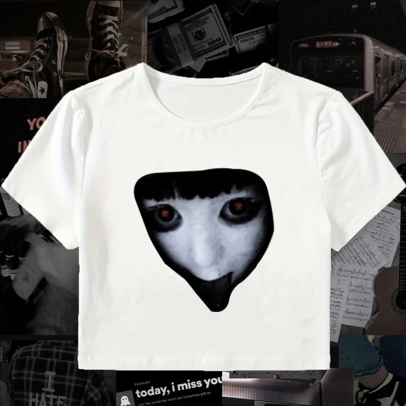 Terrifying facial features graphics Print Streetwear Vintage Harajuku emo Crop Top Women's T-Shirt Baby sexy Slim Y2k Clothes