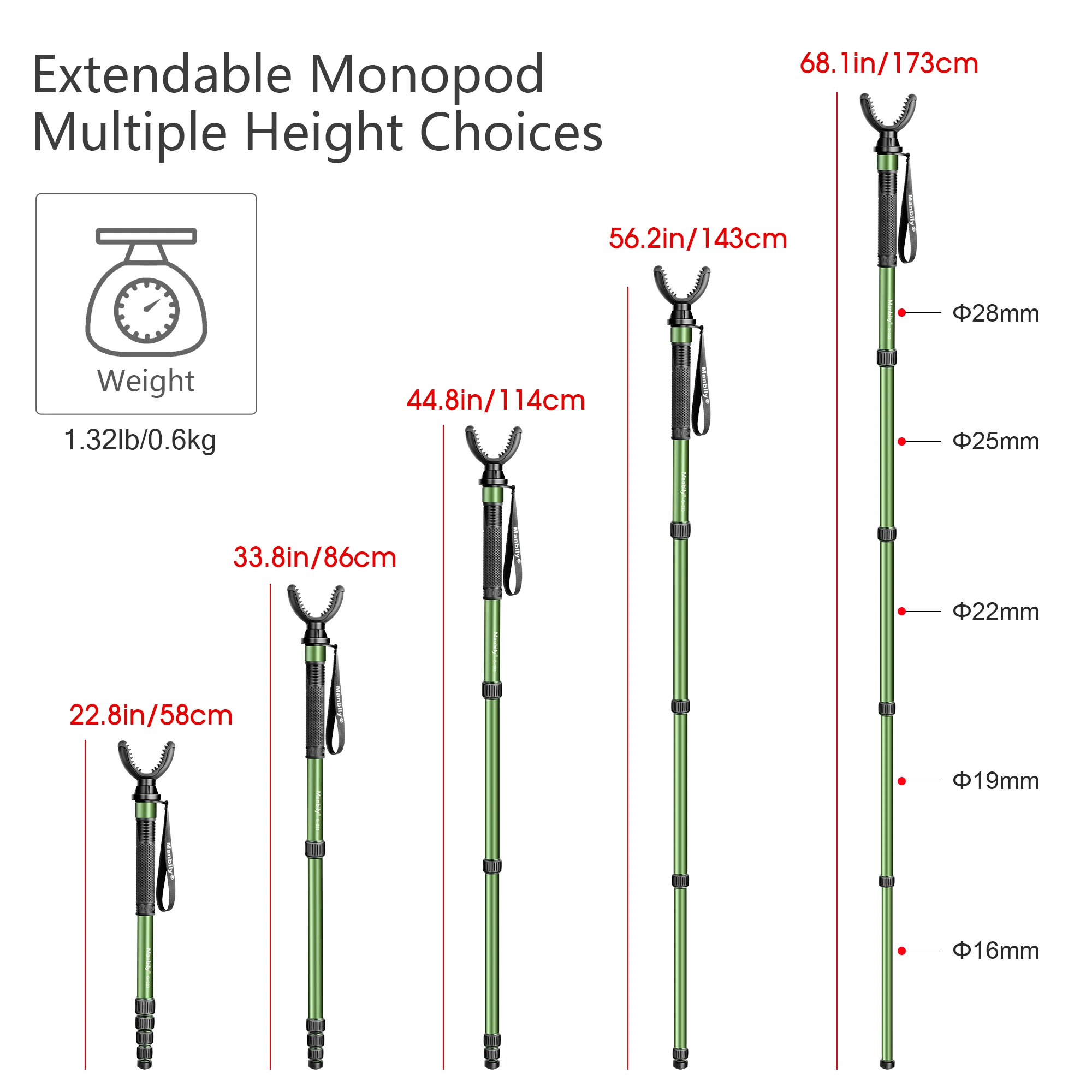 Manbily G-333 173cm Monopod for Hunting Adjustable Shooting Rest with U-Yoke Holder Flexible Outdoor Hunting Tripod Stands