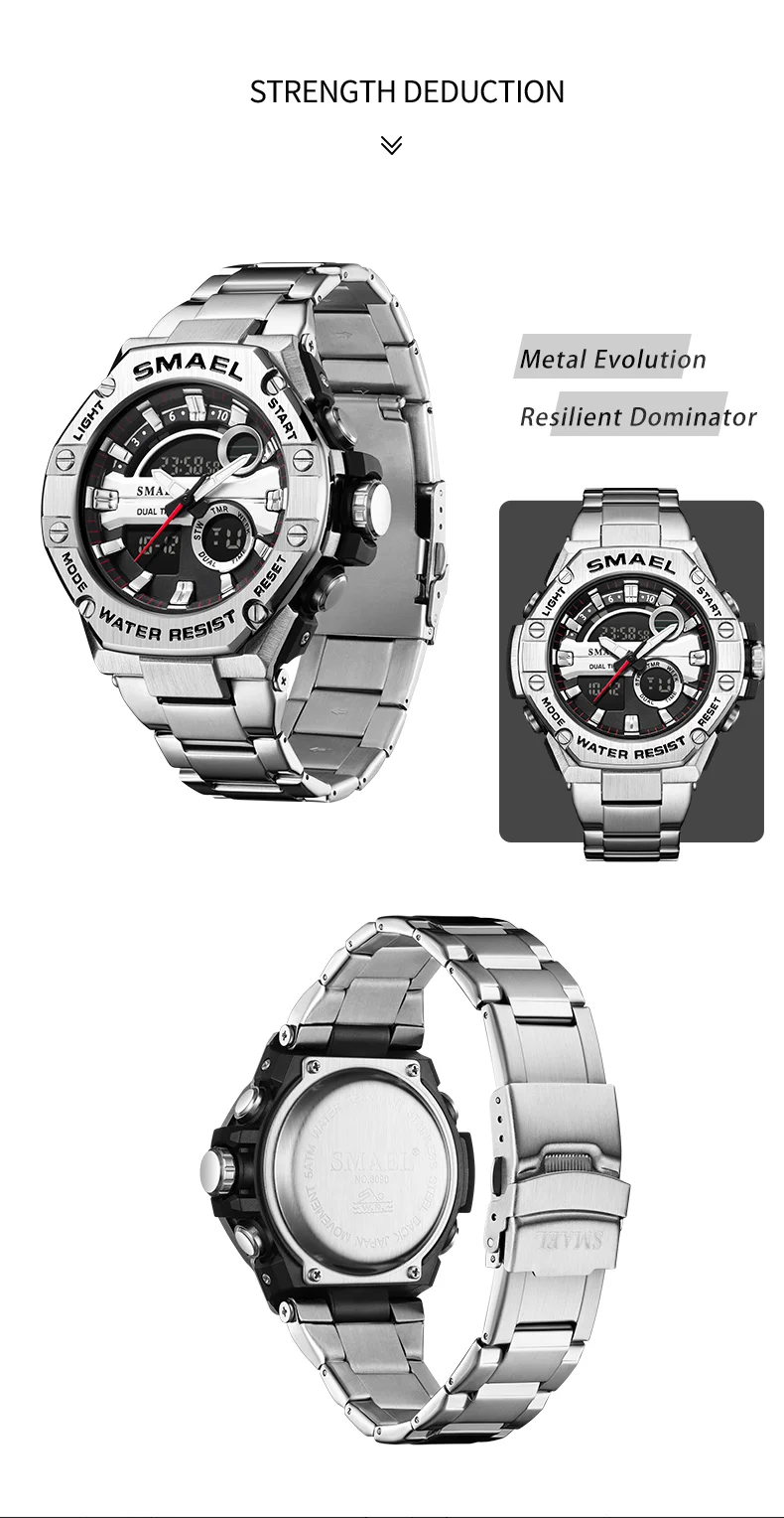 SMAEL Brand 304 Stainless Steel Strap 8090 Quartz Electronic Watch Alarm Clocks Dual Time Fashion Sport Watches