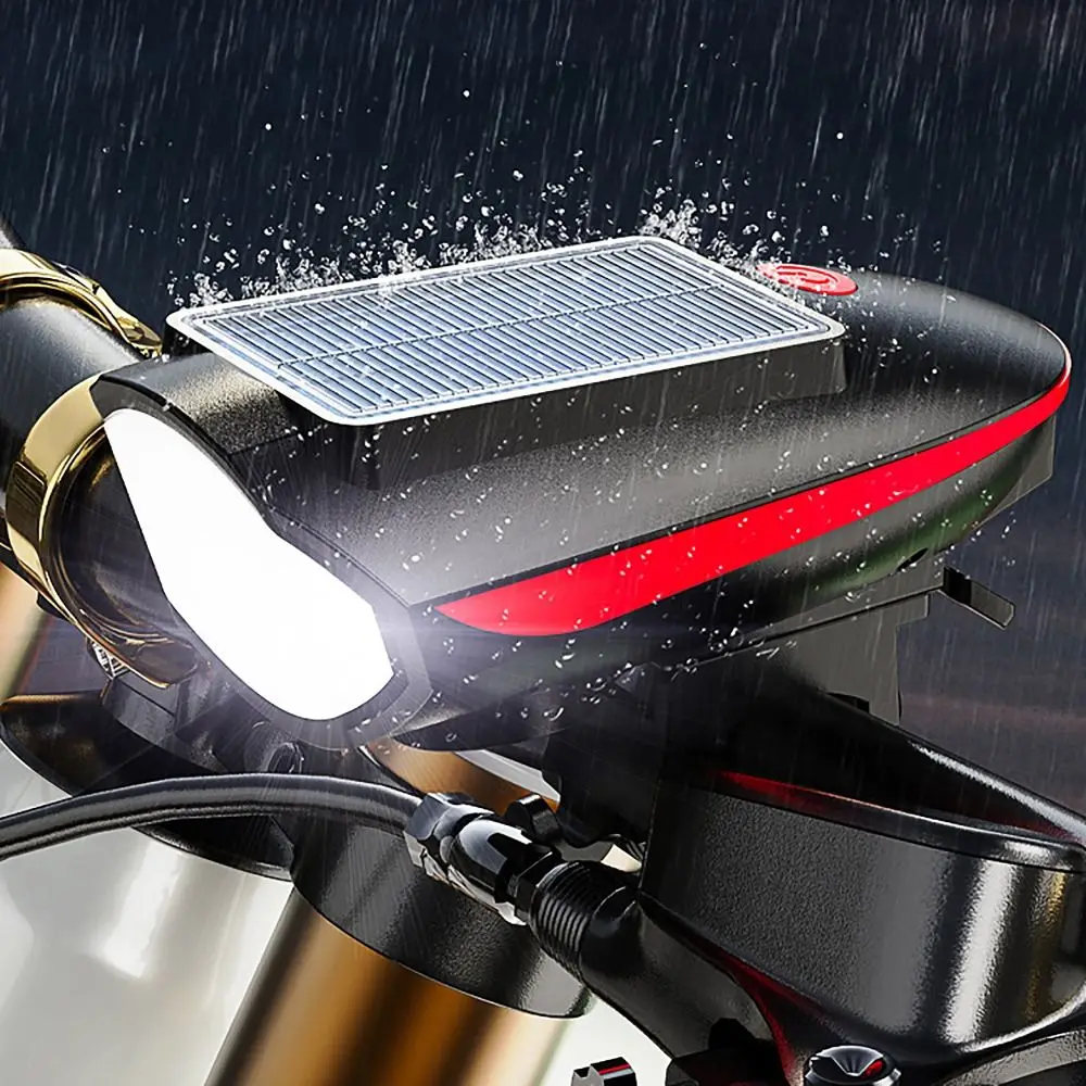 250 Lumens Bicycle Headlight Solar Rechargeable USB Charging Mountain Bike Light with Bike Horn Alarm High Brightness