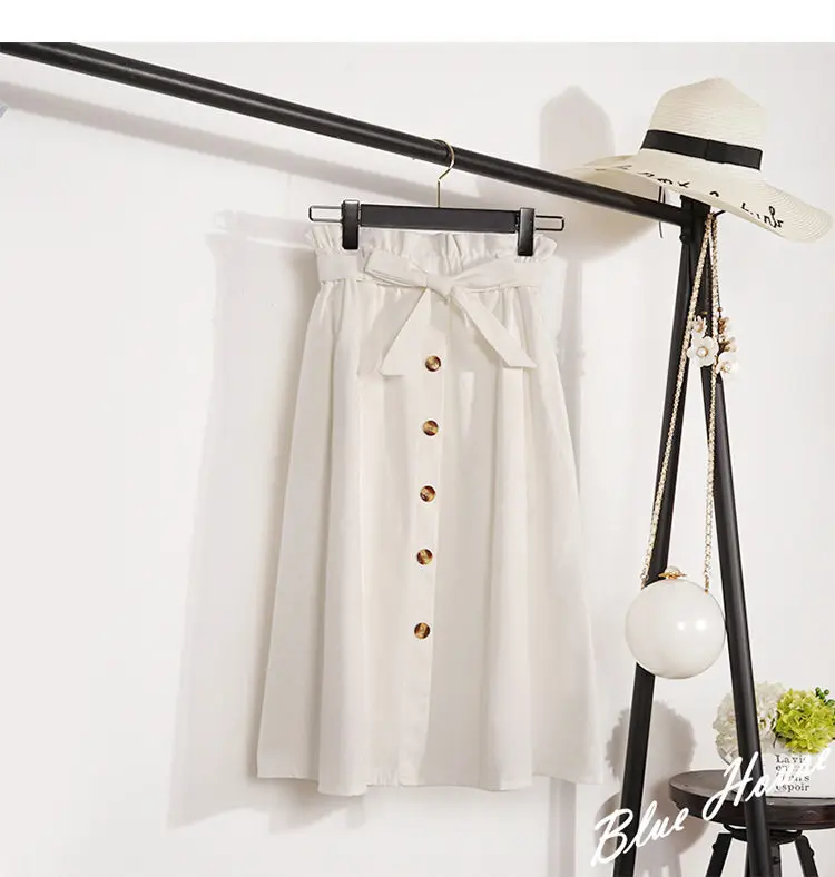 Summer Autumn Skirts Womens Midi Knee Length Korean Elegant Button High Waist Skirt Female Pleated School Skirt