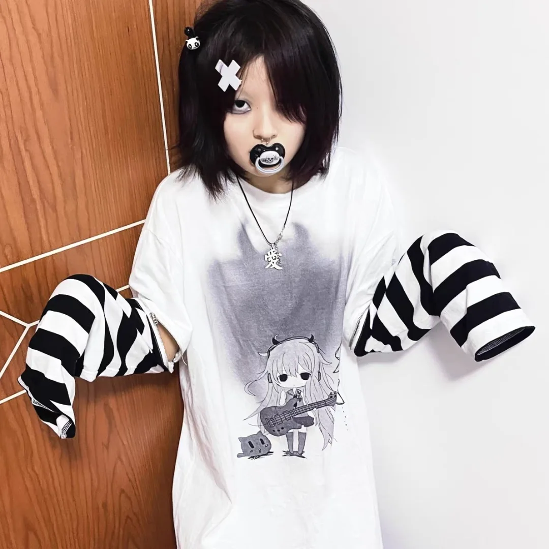 New Fashion Long Sleeve T Shirt for Women Girl Japanese Harajuku Streetwear Emo Alt Egirl Striped Tshirt Tops Clothing