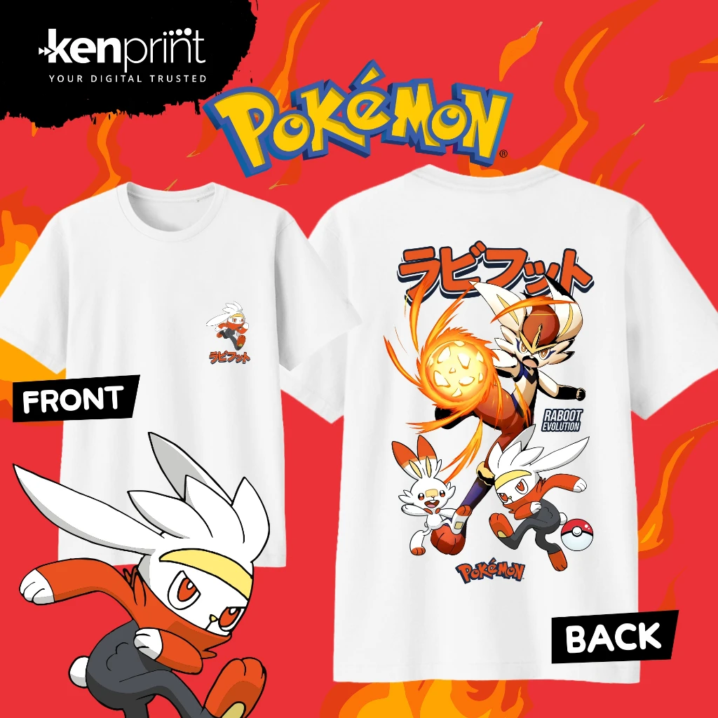 T-shirt en coton pour hommes et femmes, vêtements d'été, style Harajuku, mode décontractée, Anime Pokémon Scorbunny Evolution