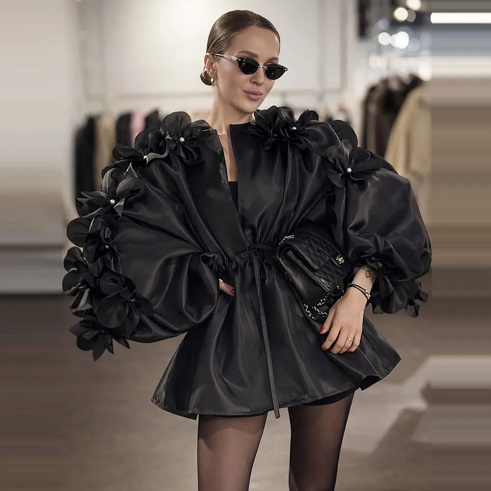 

Black Puffy Girls Party Dresses Handmade Flowers Beads Long Sleeves Organza Birthday Dress Office Lady Holiday Gowns