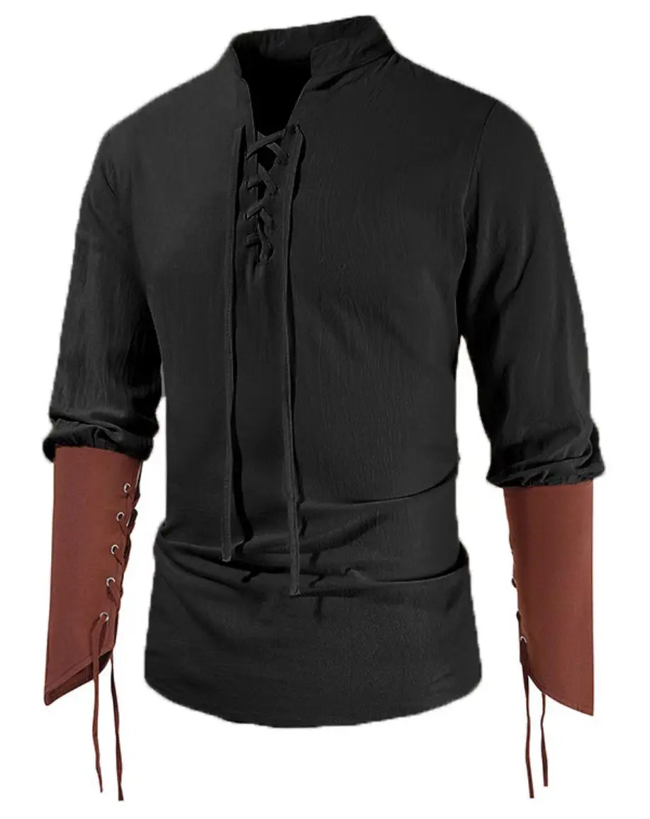 New Men's Long Sleeve Casual Strap Up Collar Shirt