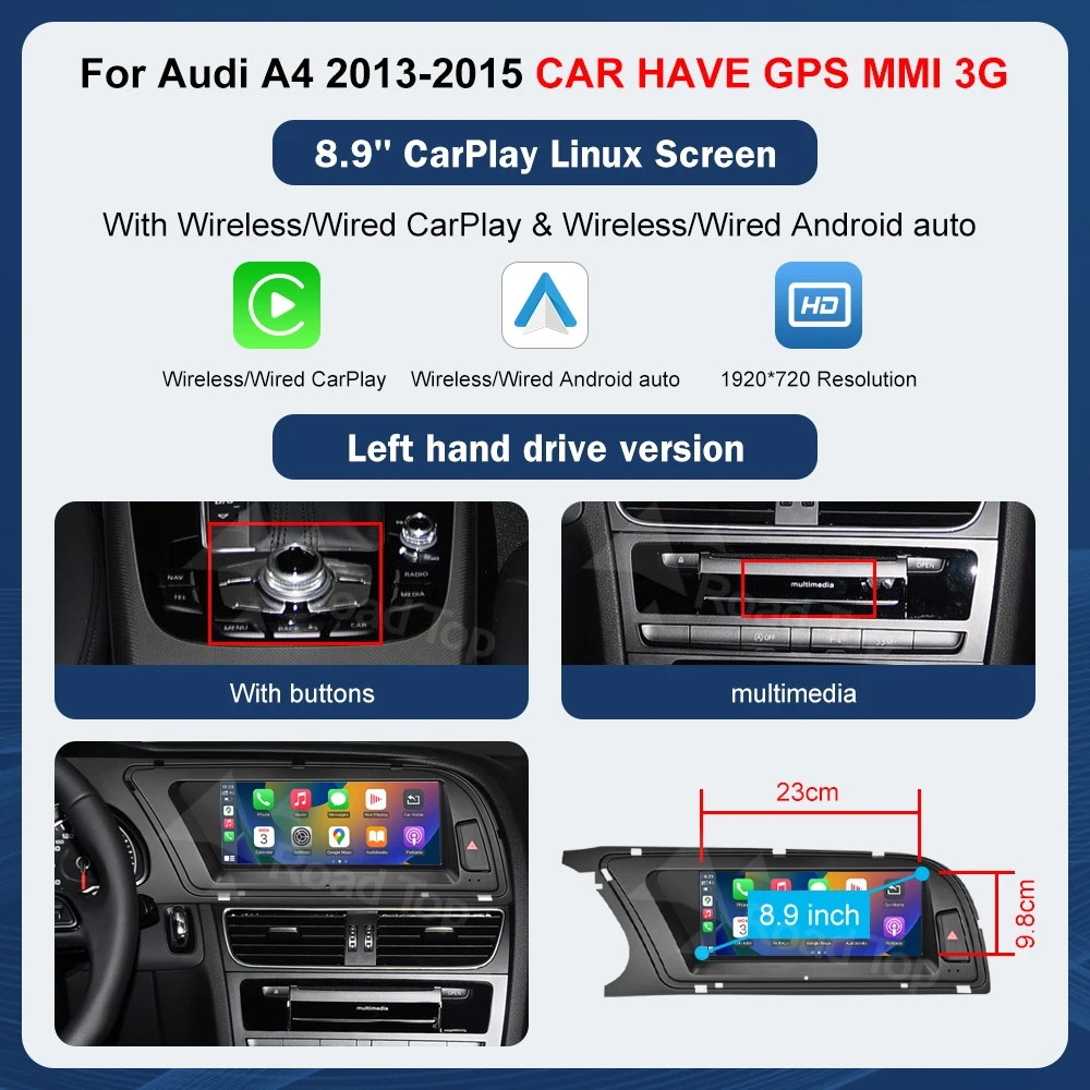 8.9 Inch 12.3 "" Multimedia Display Touchscreen Voor Audi A4 S4 2013-2015 Airplay Miracast Functie Draadloze Carplay Android Auto