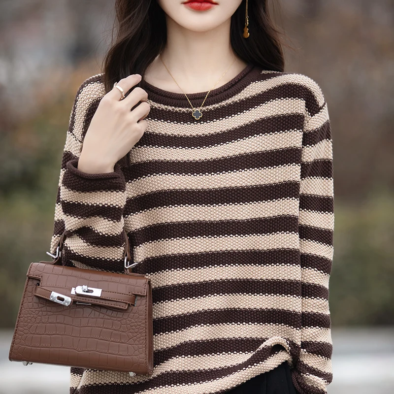 2024 Spring Autumn New 100% Cotton Sweaters Women O-neck Striped Female Long Sleeve Tops Korean Fashion Loose Oversized Pullover