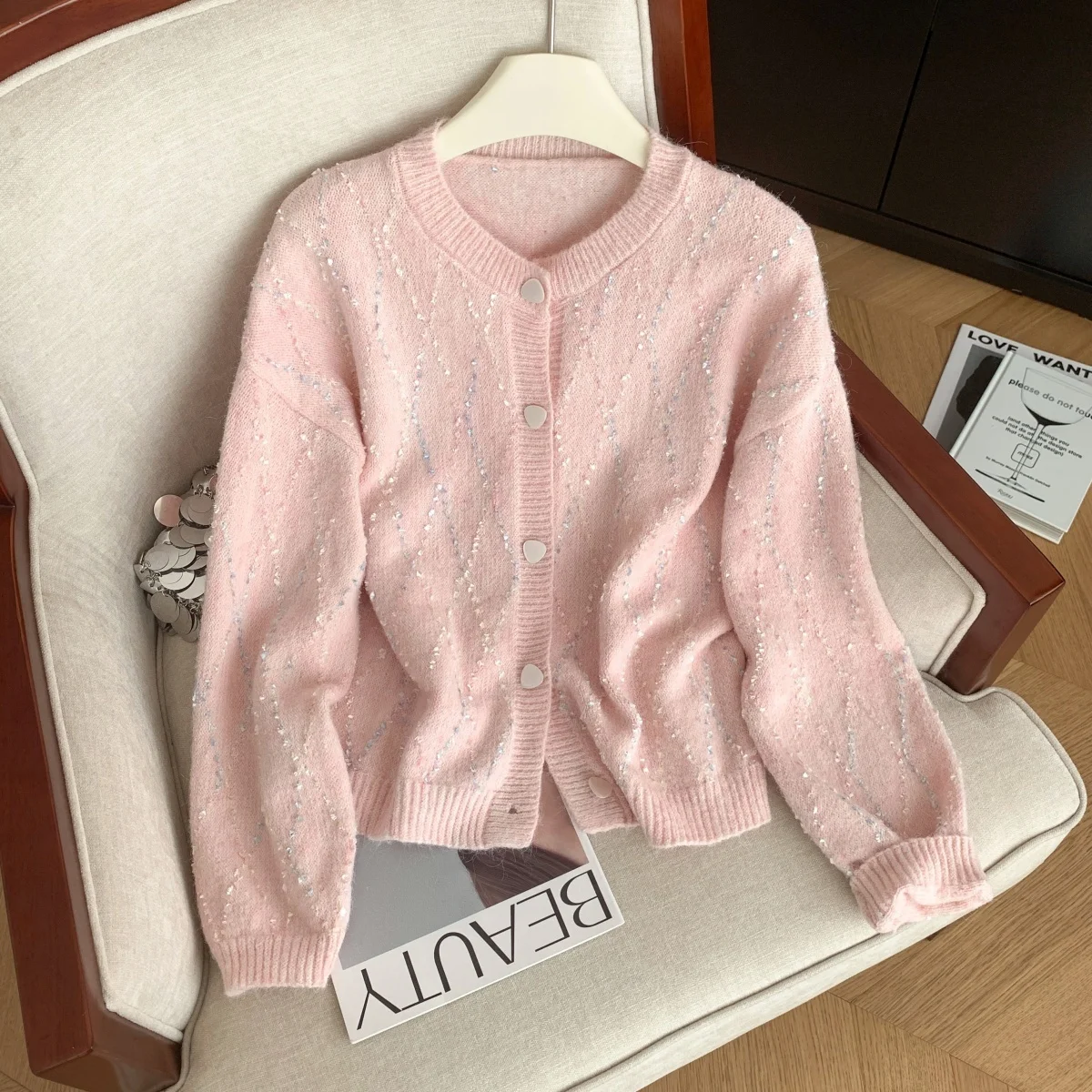 

Розовый открытый кардиган Sweet Aosphere на одной пуговице, женский осенне-зимний красивый универсальный круглый вязаный топ