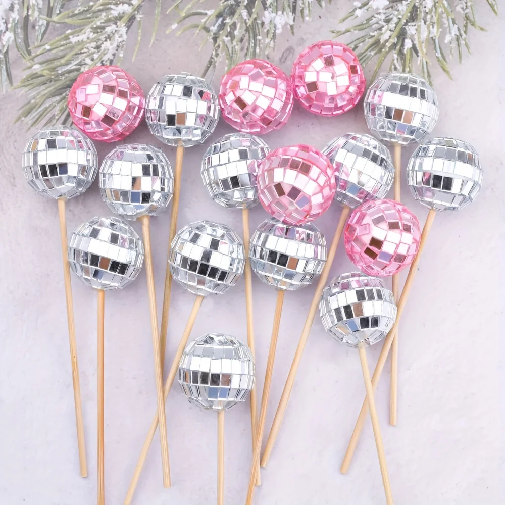 10 Stück 3cm Silber Rosa Discokugel Cupcake-Topper Disco-Thema Kuchendekoration Spiegelkugel mit Holzstab Feiertagsparty-Requisiten – Detail 1
