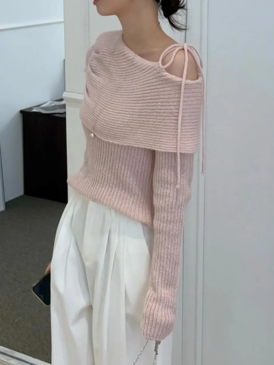 Faionable Chic oulder-baring Knitwear Women's Long Sve Top with Belt Design Spring Autumn Seasonal Ele Sle