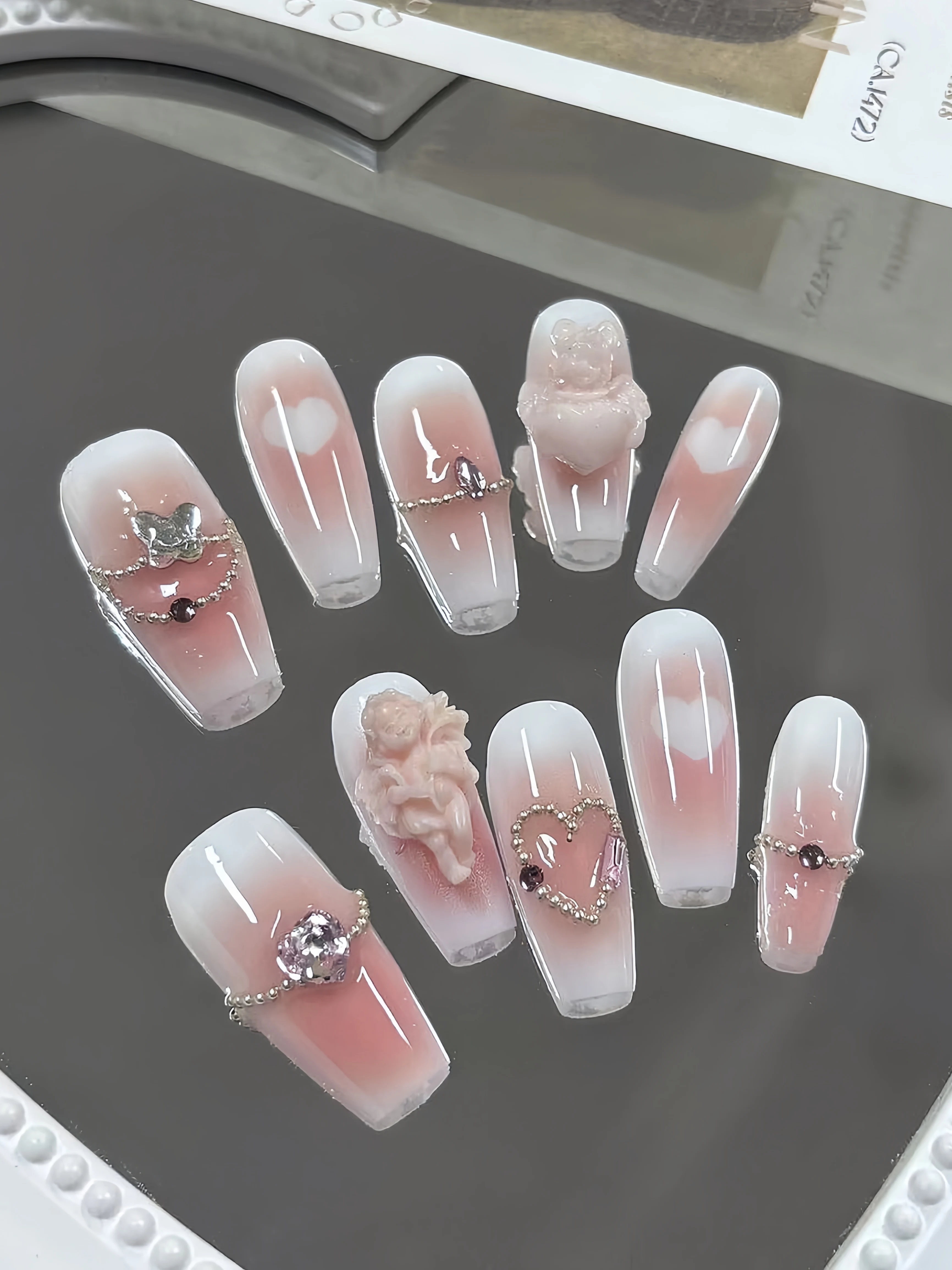 10 Pieces of Medium-Length Trapezoidal Press-On Nails, Pink and White Gradient Angel Nail Stickers, Lolita Pure Desire Style, Summer Outing Wear Press-On Nails, Exquisite Nail Stickers for Girlfriends' Afternoon Tea