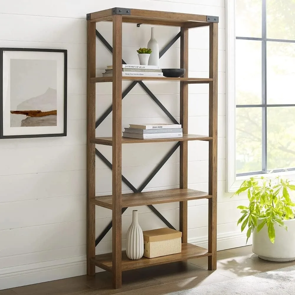 Farmhouse Style Rustic Bookshelf 64-Inch Tall, Modern Charm, MDF and Laminate Shelves, Warp-Resistant, Durable Storage Solution