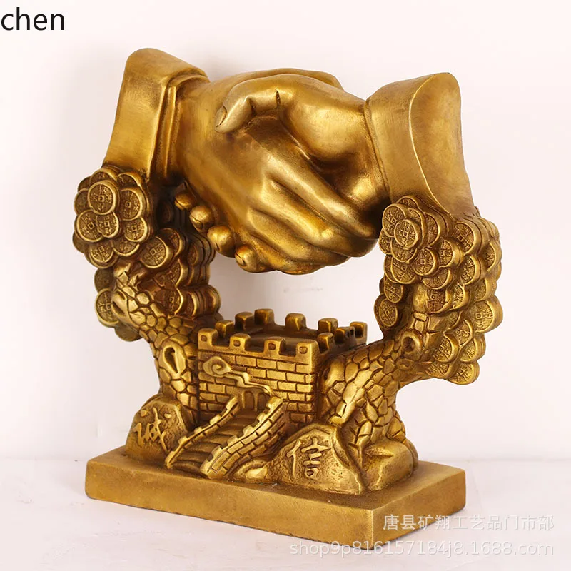 Cz chinese-style integrity & win-win brass handshake ornament - premium business gift for office desktop decoration