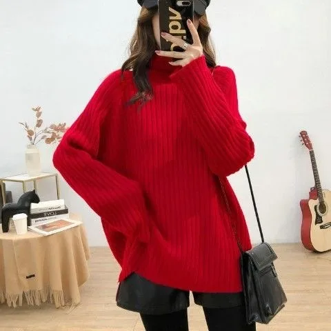 Red Color RU Spring Fall Korean Pullover Long Sleeve Sweater Loose Coat Casual Cloth Lady T-shirt Tops Clothes for Women Girl