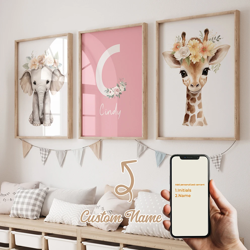 

Elephant Garland Giraffe 3pcs Personalized Name Custom Wall Art Prints Canvas Painting Poster Picture For Living Room Home Decor