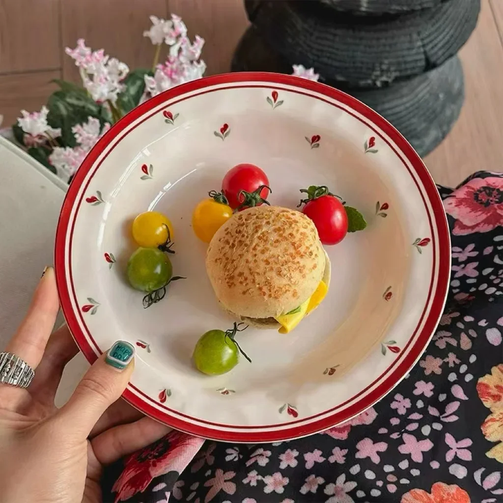 Retro Floral Ceramic Plate Dessert Hat Dish Salad Breakfast Irregular Shape Deep Bowl Home Use Country Style Dinnerware