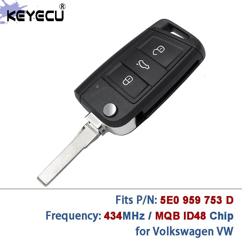 KEYECU 5E0 959 753 D 434MHz MQB ID48 Chip No Keyless Go Flip Remote Key Fob for Skoda Rapid Octavia MK3 2013+