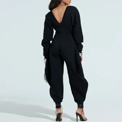 Spring Lady Casual Long Sleeve Long Rompers Summer Elegant Commute Sport Playsuits Sexy Deep V-neck Hight Waist Solid Jumpsuits