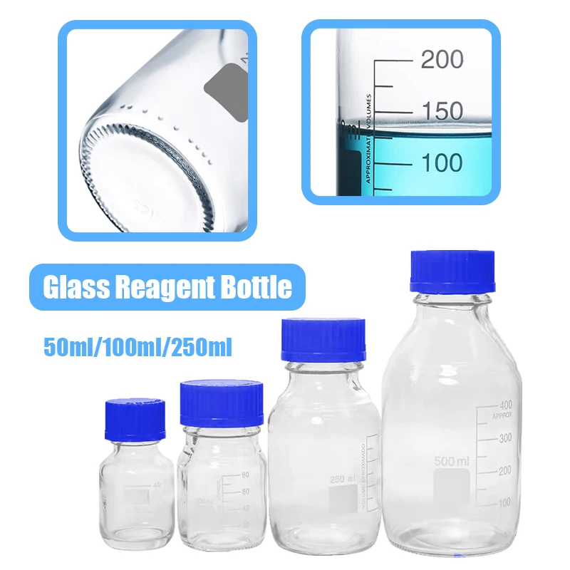 

50ml/100ml/250ml Capacity Chemical Resistance Sturdy Durable Screw Cap Blue Screw Cap Glass Reagent For Laboratory