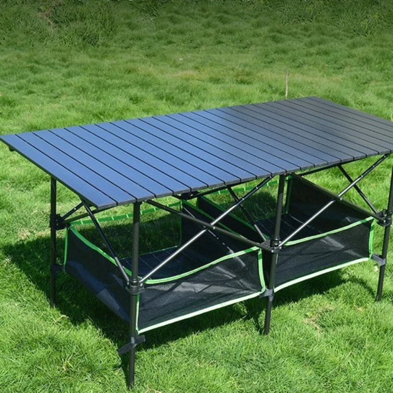 Doppelschichtiger Klapptisch mit Stauraum, beweglicher, tragbarer, einfacher rechteckiger Picknicktisch aus Metall, Gartenmöbel, Campingtisch HQ40CZ