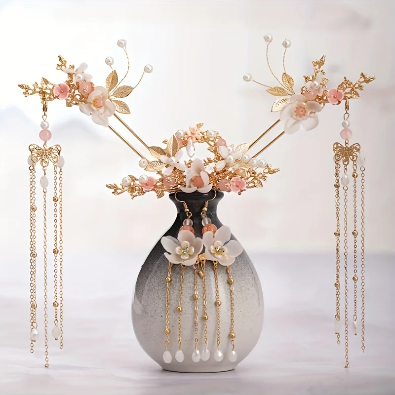 Chinese Long Pearl Hairpin Earring Tiara Set Headpiece Women Hair Accessories Flower Crystal Pearl Hanfu Hair Pins Comb Earring