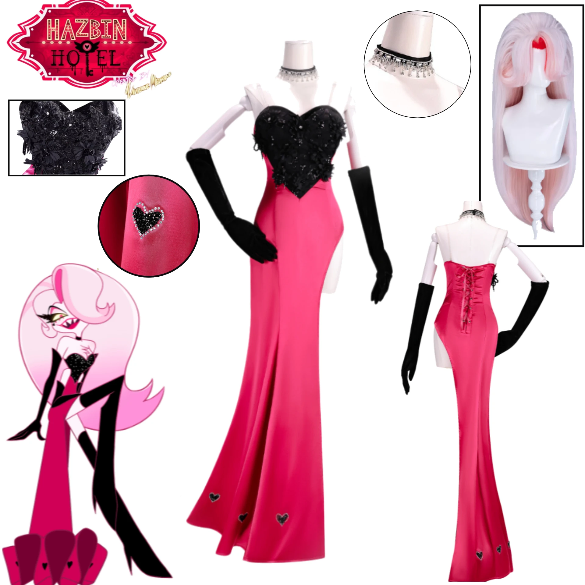

Hazbin Hotel Angel Dust Cosplay Costume Black-Pink Sexy Evening Dress Gloves Wig for Halloween Women Anime Role Play Outfit