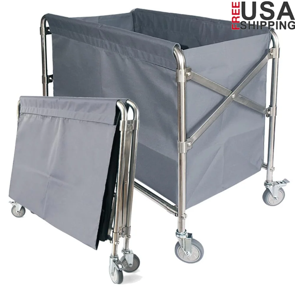 Commercial Industrial Laundry Hamper Cart with Wheels 12 Bushel 400l Large Heavy Duty Rolling Basket Foldable Stainless Steel