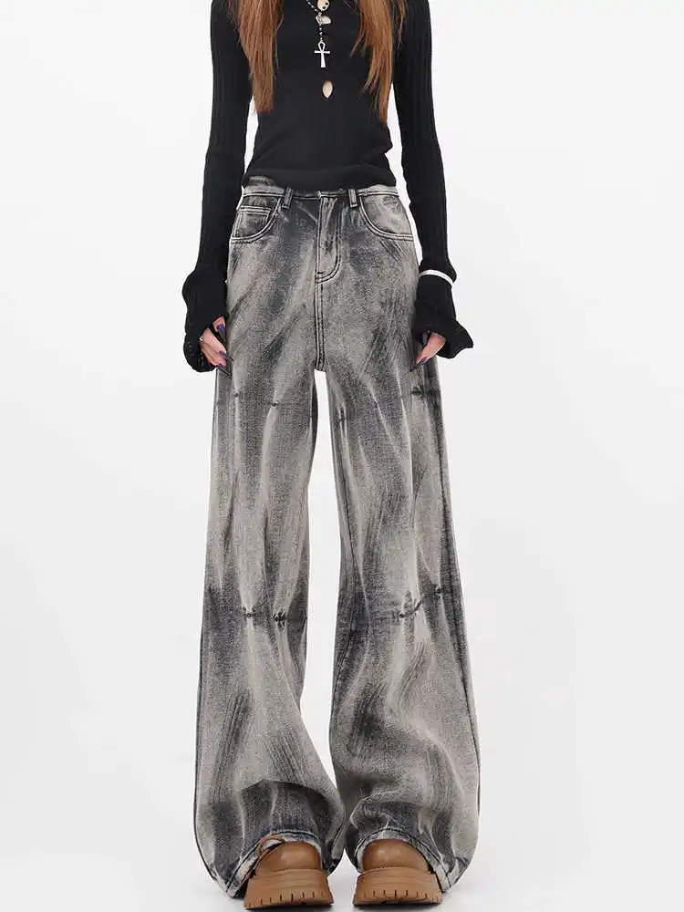 

Американские винтажные джинсы с эффектом потертости и тай-дай, широкие штанины, женские, 2026, свободные, драпированные, в пол, с высокой талией