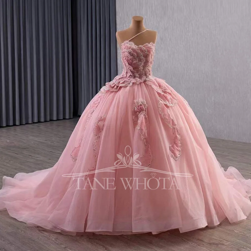 Vestidis Customizable Pink Prom Dress Quinceañera One-Shoulder Lace-Up Back Sequined Tiered Design For Women