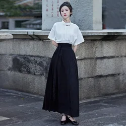New Chinese Hanfu Set Traditional Printed Black Horse Face Skirt White Tang Top Vintage Classic Mamianqun Female Elegant Qipao