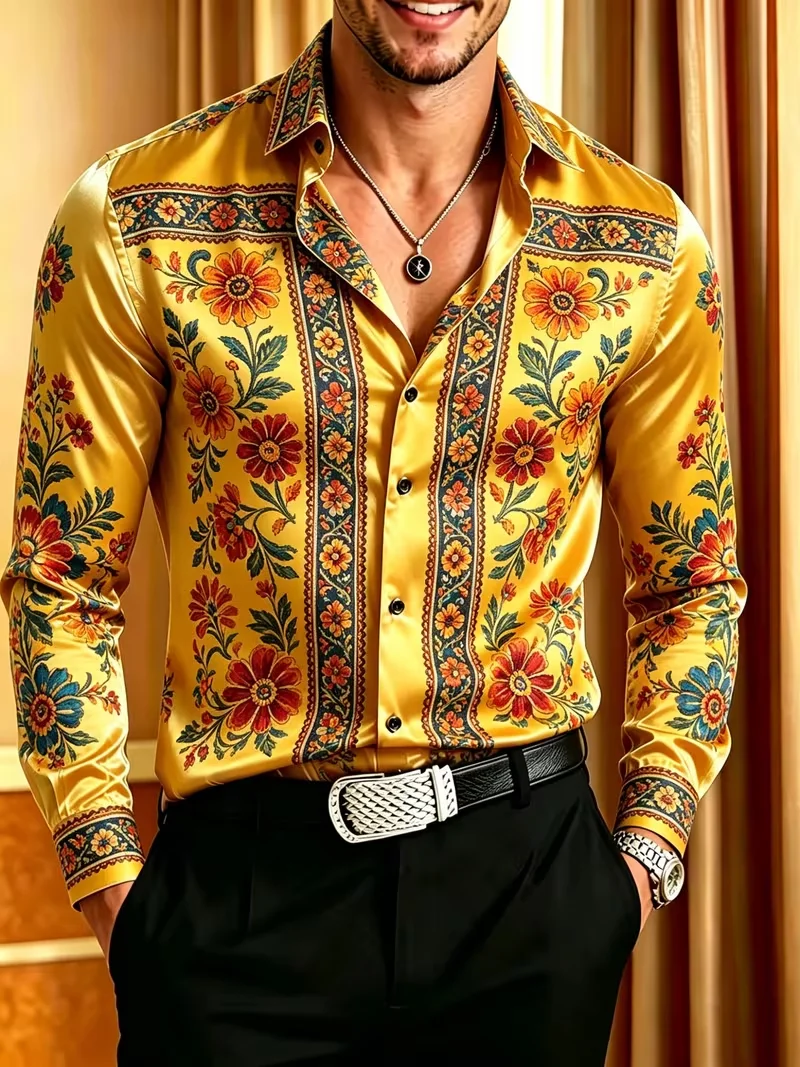 New men's retro casual shirt with mirror satin silver chain diamond pattern peony cross print long sleeved shirt