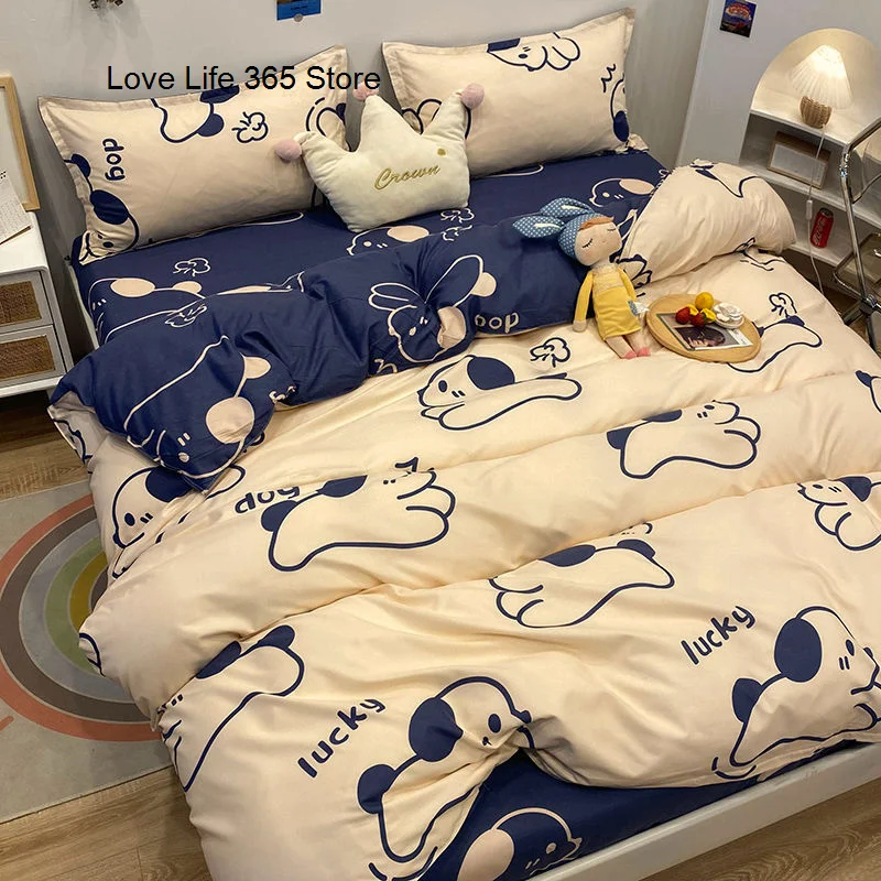 

INS Cartoon Lucky Dog Bedding Set Blue And White Quilt Cover For Girl Boys Gift Bed Sheet With Pillowcases Full Size Polyester