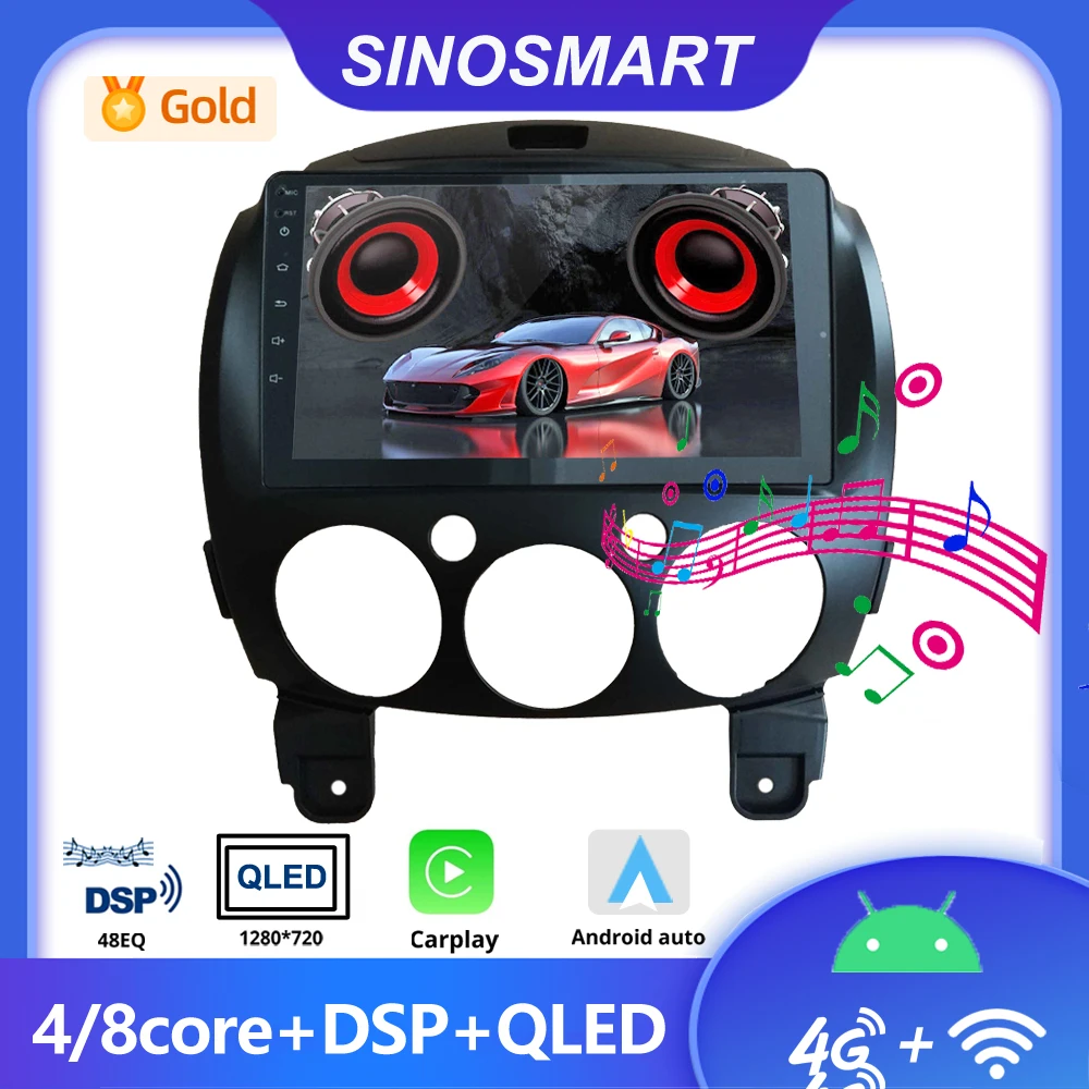 Sinosmart Car GPS Navigation Radio Player for Mazda 2 2008-2013 2.5D QLED Screen 8 Core,DSP