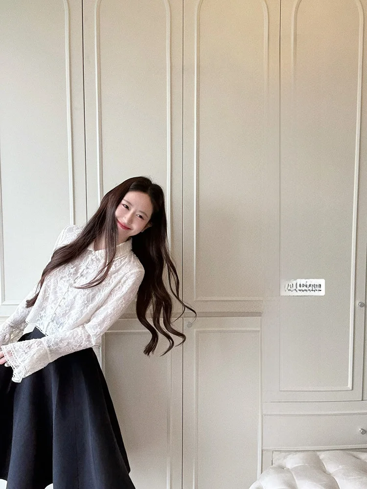 

Женская блузка Ele Lace с длинными рукавами, отложным воротником и рукавами-колокол, универсальная, повседневная, из смесового хлопка, дышащая, комфортная