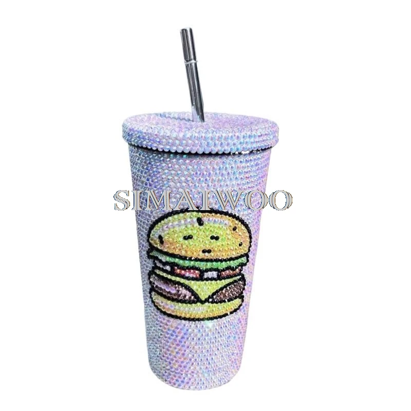 

500ml Rhinestone Straw Cup Hamburger Design Coffee Mug Double Layer Ice Drink Vacuum Thermal Insulated Flask Handmade Bling Gift