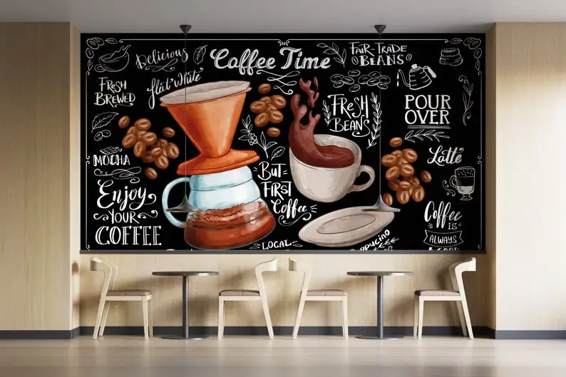 Cafe Wall Poster, Cafe Shop Wallpaper, Coffee Bistro Restaurant Easy Removable Wall Mural, Latte Espresso Mocha Cappucino Custom