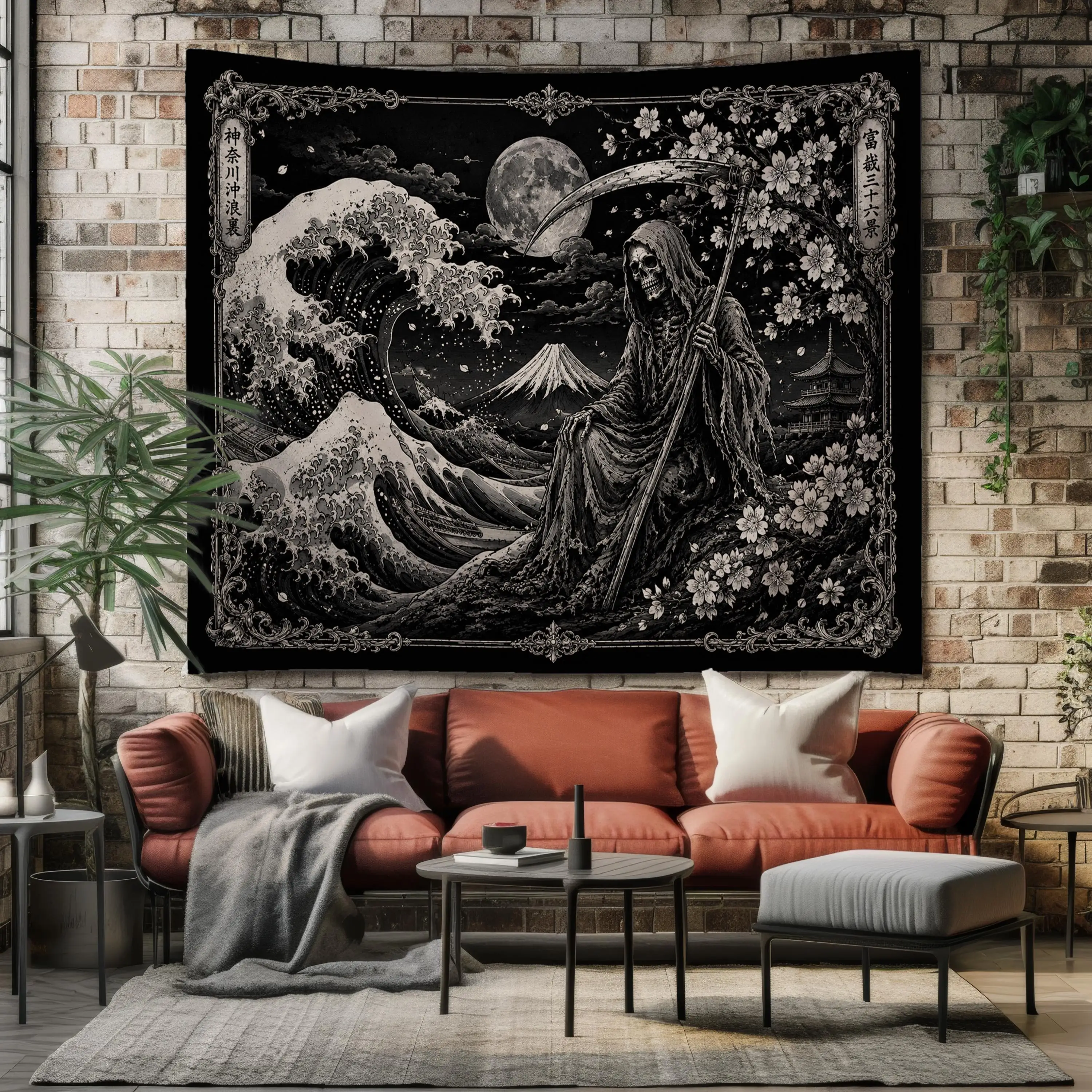 Japanese Ukiyo Style Wave Samurai Ghost Art Tapestry Wall Hanging Black and White Decor for Living Room Bedroom