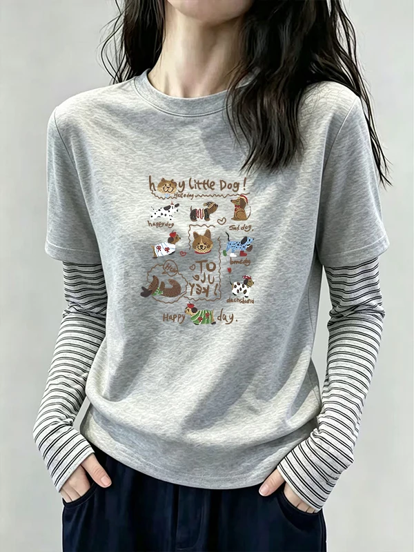 Gray Striped Color Block Long Sleeve T-Shirt Women's Spring Autumn Loose Fashionable round Neck Padded High Waist Polyester
