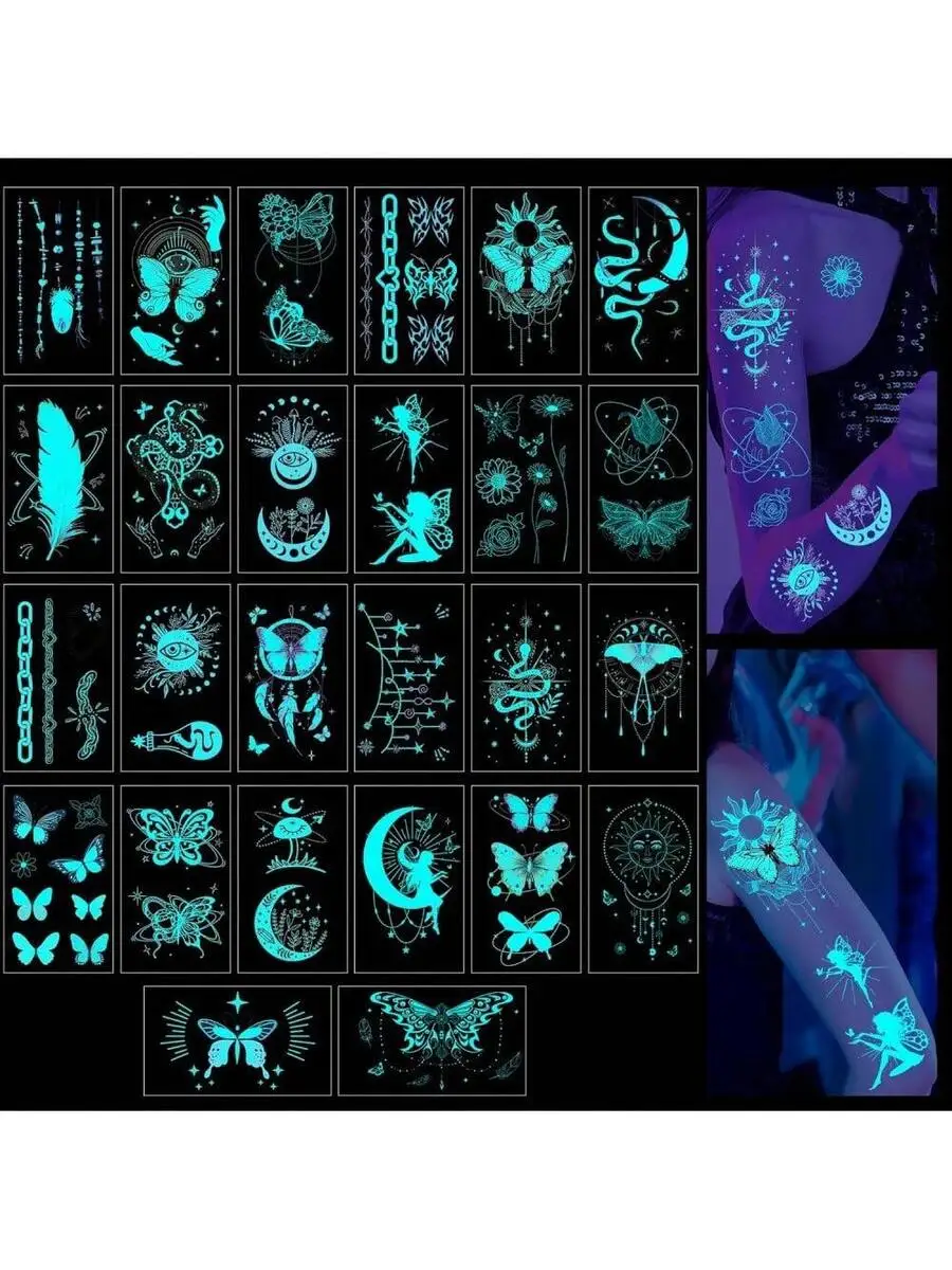 

Glow In The Dark Temporary Tattoo Stickers Waterproof Removable For Festival Party Halloween Birthday Decoration Multi Design